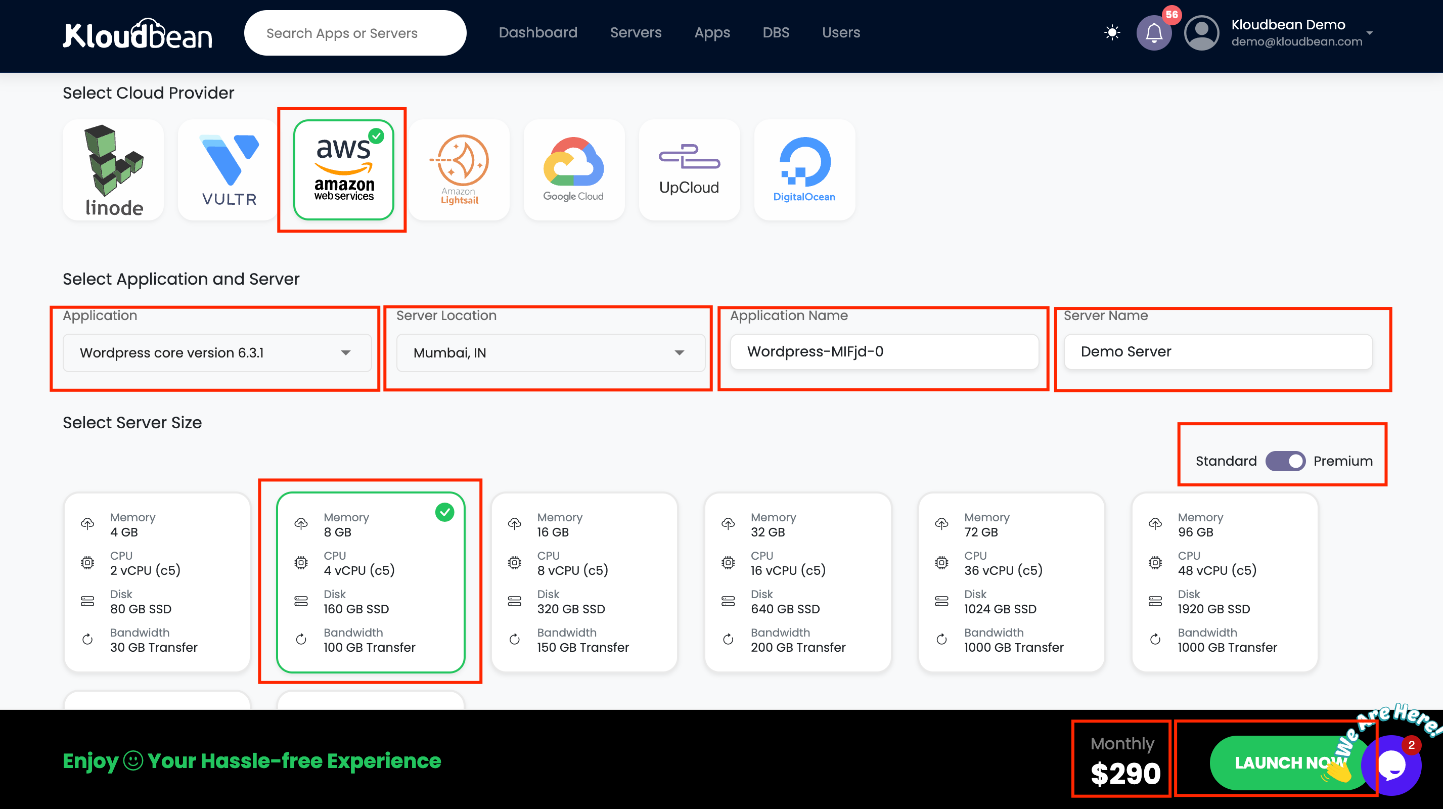 Choose Server and Choose Application